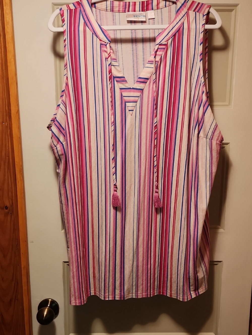 Beach Mint Pink & Blue Striped Sleeveless Tie-Neck Top